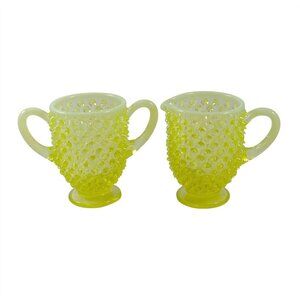 Fenton Cream and Sugar Set Topaz Opalescent Hobnail Uranium Vintage 1940s